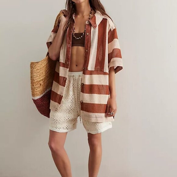 Free People We The Free Del Mar Cabana Shirt Brown Combo NEW SIZE MEDIUM - Picture 1 of 8